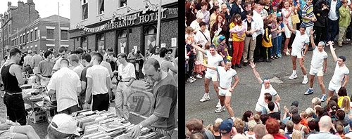 Gay events in Manchester: Canal Street jumble sale in 1990 and the Mardi Gras parade in 1998